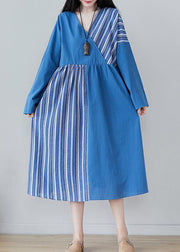 Handmade Blue Striped Tunics For Women V Neck Patchwork Traveling Spring Dresses - SooLinen