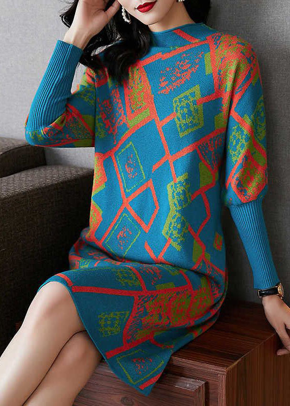Handmade Blue Turtle Neck Geometric Print Thick Knitted Dress Fall