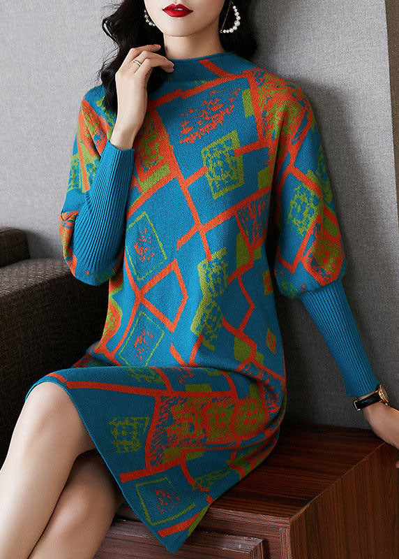 Handmade Blue Turtle Neck Geometric Print Thick Knitted Dress Fall