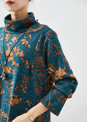 Handmade Blue Turtle Neck Print Warm Fleece Maxi Dress Winter