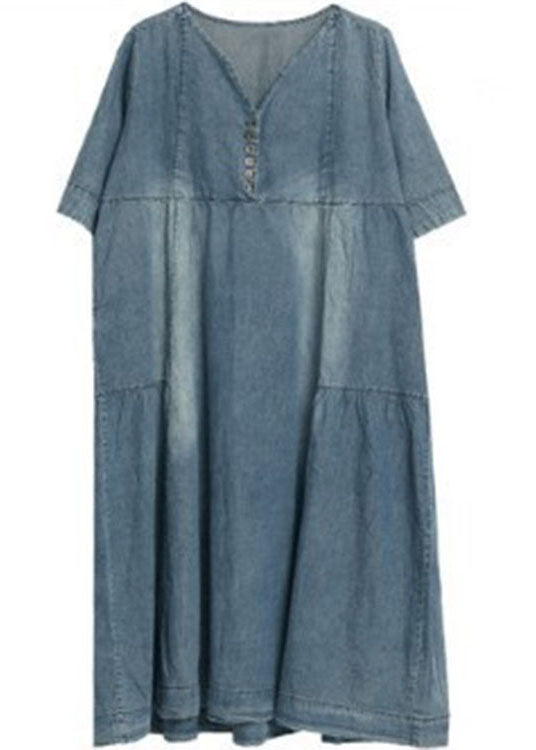 Handmade Blue V Neck Button Patchwork Fall Denim Half Sleeve Maxi Dress
