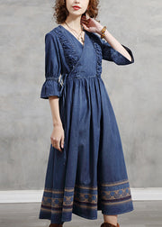 Handmade Blue V Neck Cinched Ruffled Embroidered Cotton Long Dress Half Sleeve