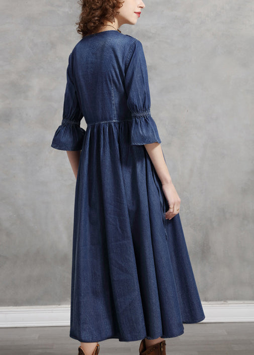 Handmade Blue V Neck Cinched Ruffled Embroidered Cotton Long Dress Half Sleeve