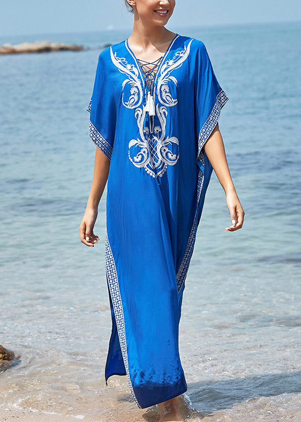 Handmade Blue V Neck Embroidered Floral Side Open Maxi BeachDress Summer