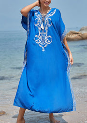 Handmade Blue V Neck Embroidered Floral Side Open Maxi BeachDress Summer