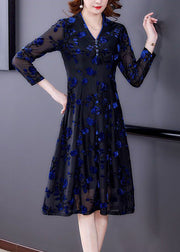 Handmade Blue V Neck Embroidered Slim Fit Tulle Dresses Spring
