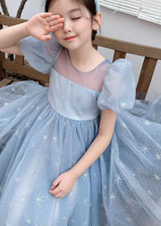 Handmade Blue Wrinkled Bow Embroidered Tulle Baby Girls Dresses Summer