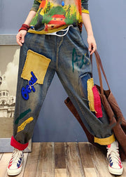 Handgefertigte Denim-Hosen mit blauem Patch und Applikationen Frühling