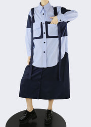 Handmade Blue pockets Peter Pan Collar Striped Patchwork shirt Dresses Spring