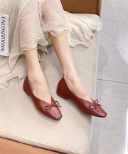 Handmade Bow Splicing Flat Feet Shoes Red Cowhide Leather
