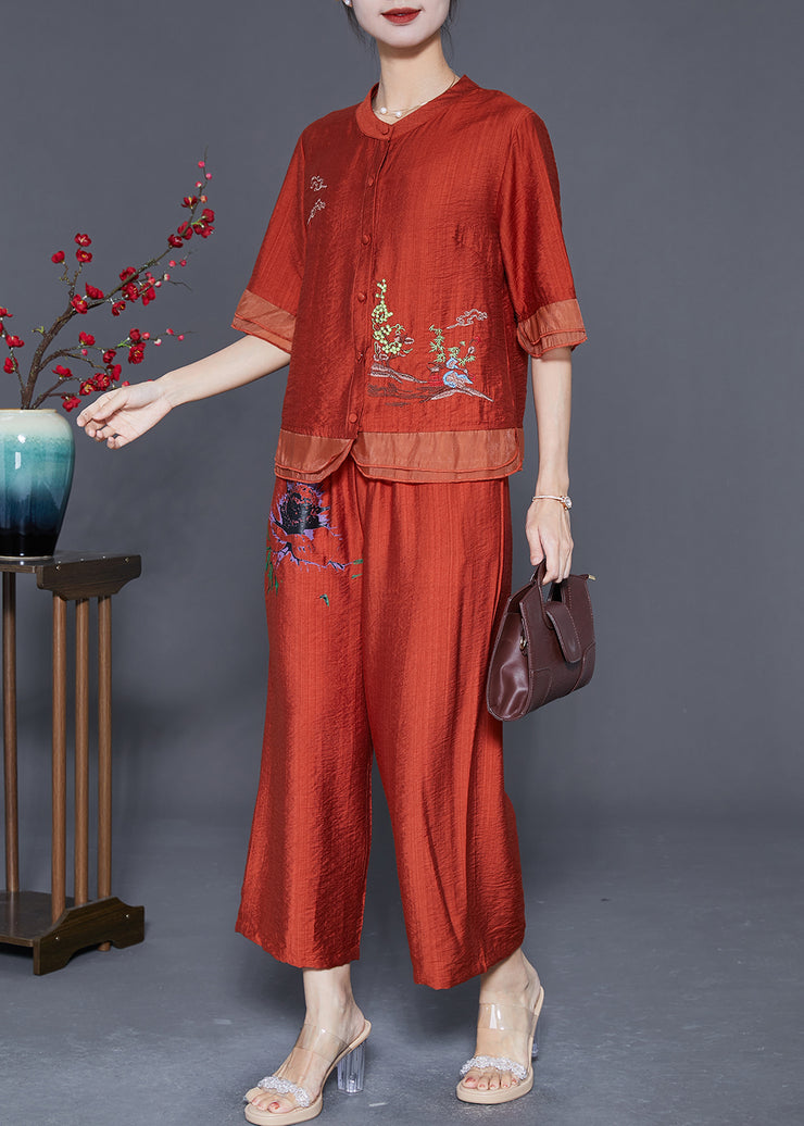 Handmade Brick Red Embroidered Patchwork Linen Silk Two Pieces Set Summer