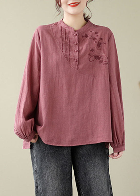 Handmade Brick Red Stand Collar Embroidered Patchwork Shirts Fall
