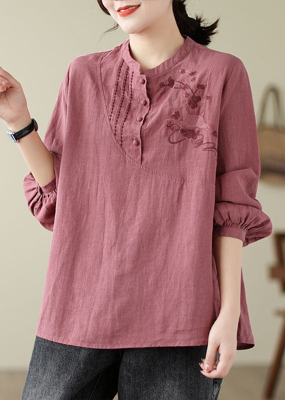 Handmade Brick Red Stand Collar Embroidered Patchwork Shirts Fall