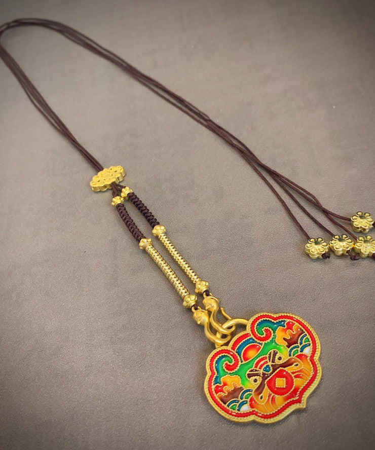 Handmade Brown Ancient Gold Enameling Tassel Pendant Necklace