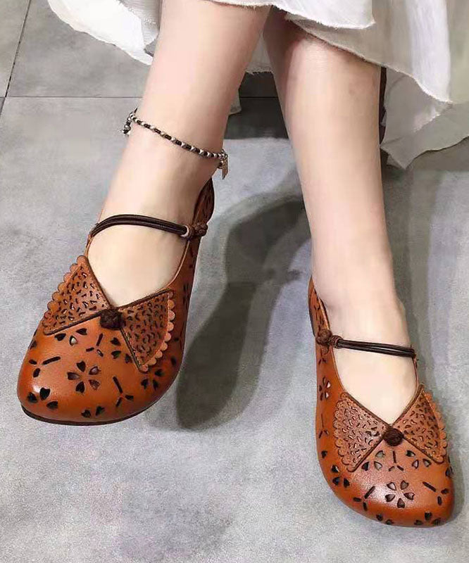 Handmade Brown Hollow Out Flats Buckle Strap Flat Feet Shoes