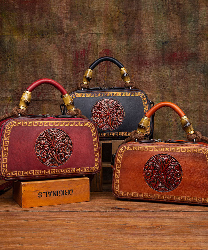 Handmade Brown Jacquard Chinese Style Calf Leather Tote Handbag