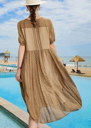 Handmade Brown O Neck Patchwork Silk Mid Dress Summer