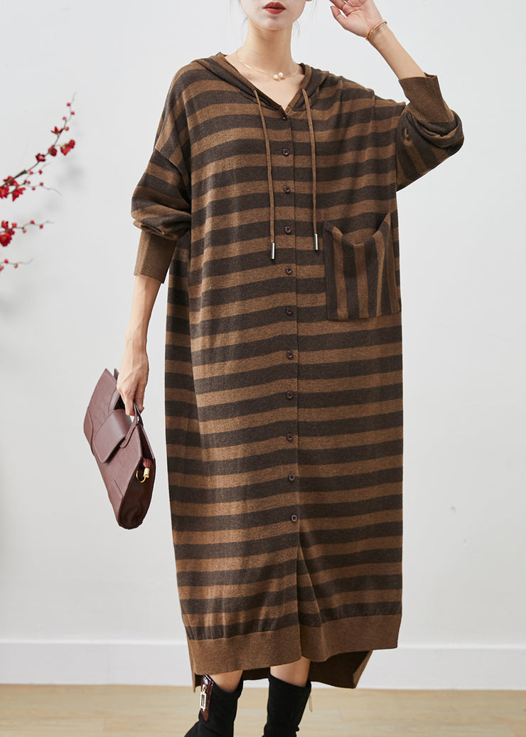 Handmade Brown Oversized Striped Cotton Vacation Dresses Spring
