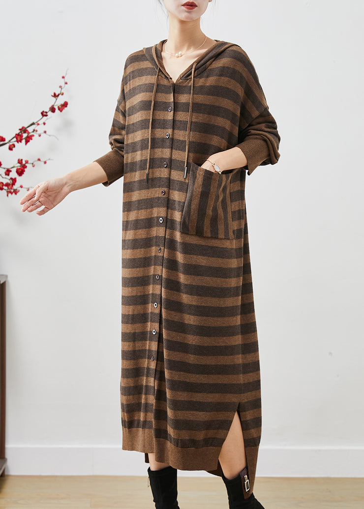 Handmade Brown Oversized Striped Cotton Vacation Dresses Spring
