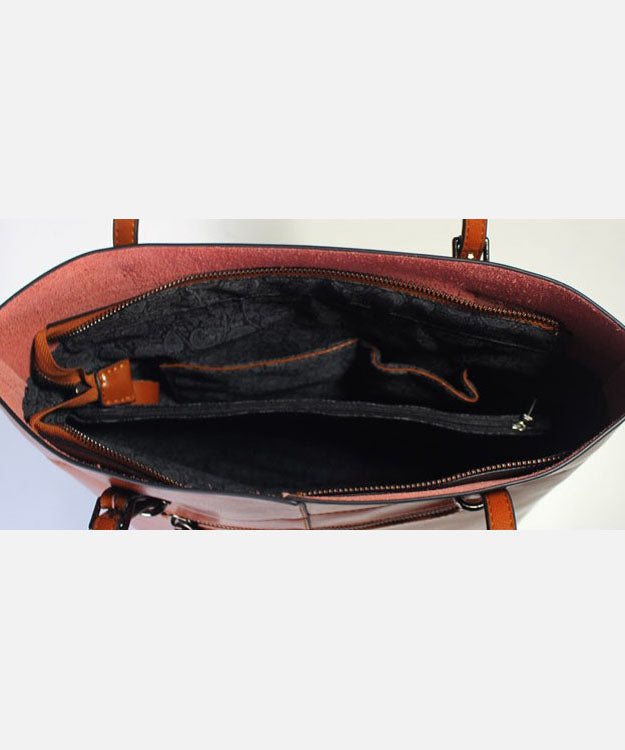 Handmade Brown Solid Color Calf Leather Shopping Bag Satchel Handbag