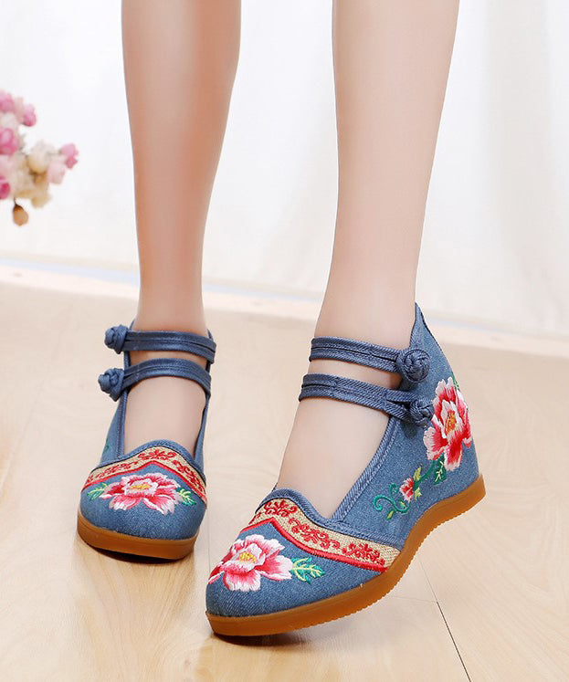 Handmade Buckle Strap Wedge High Wedge Heels Shoes Blue Embroidered Comfy Linen Fabric