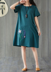 Handmade Caramel O-Neck Embroidered Pocket Cotton Mid Dress Short Sleeve