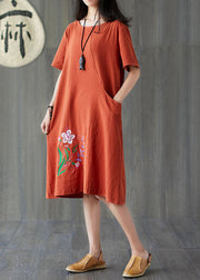 Handmade Caramel O-Neck Embroidered Pocket Cotton Mid Dress Short Sleeve