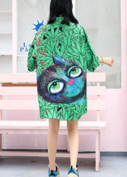 Handmade Chinese Button Cotton quilting dresses Neckline green prints Dresses summer - SooLinen