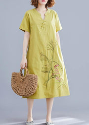 Handmade Chinese Button linen dresses Tutorials yellow embroidery Dress summer - SooLinen