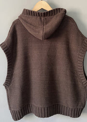 Handmade Chocolate Cable Cotton Knit Hoodie Waistcoat Spring