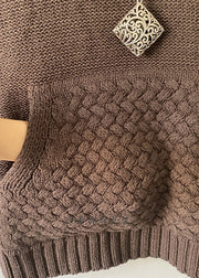 Handmade Chocolate Cable Cotton Knit Hoodie Waistcoat Spring