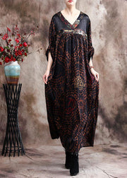 Handmade Chocolate Silk Dress Print Robe Kaftans - SooLinen