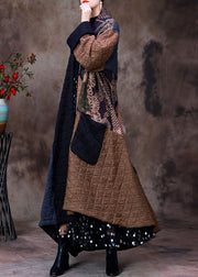 Handmade Chocolate Black Asymmetrical Patchwork Fine Cotton Filled Women Witner Coats