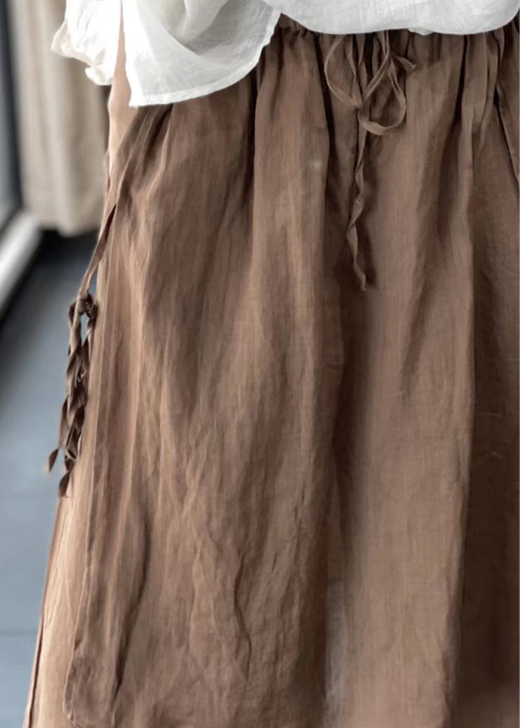 Handmade Chocolate Elastic Waist Drawstring Asymmetrical Linen Wide Leg Pants Summer