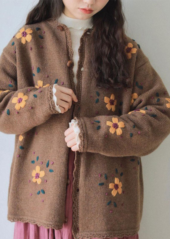 Handmade Coffee Embroidered Floral Lace Patchwork Cotton Knit Coats Long Sleeve