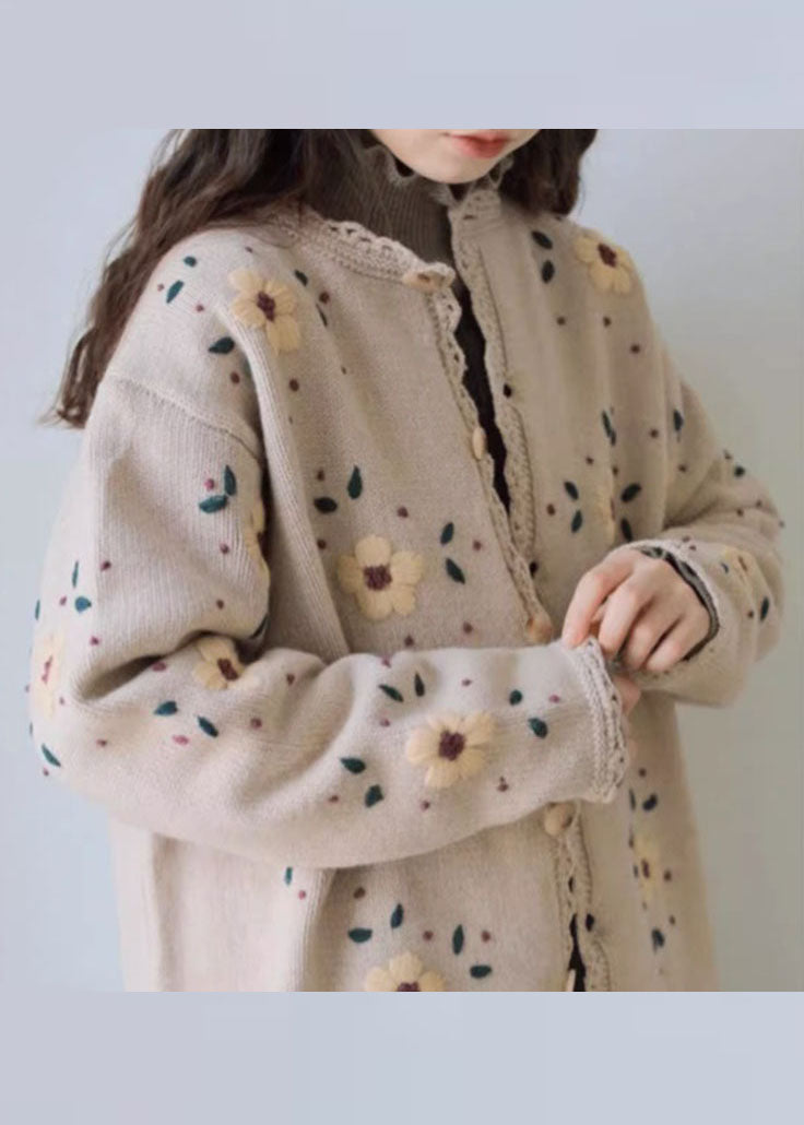 Handmade Coffee Embroidered Floral Lace Patchwork Cotton Knit Coats Long Sleeve