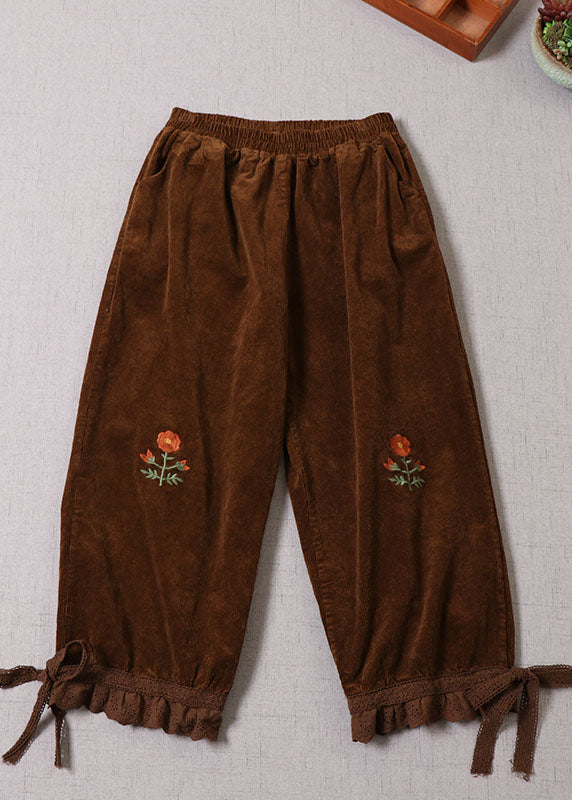 Handmade Chocolate Embroidered Lace Patchwork Corduroy Pants Winter