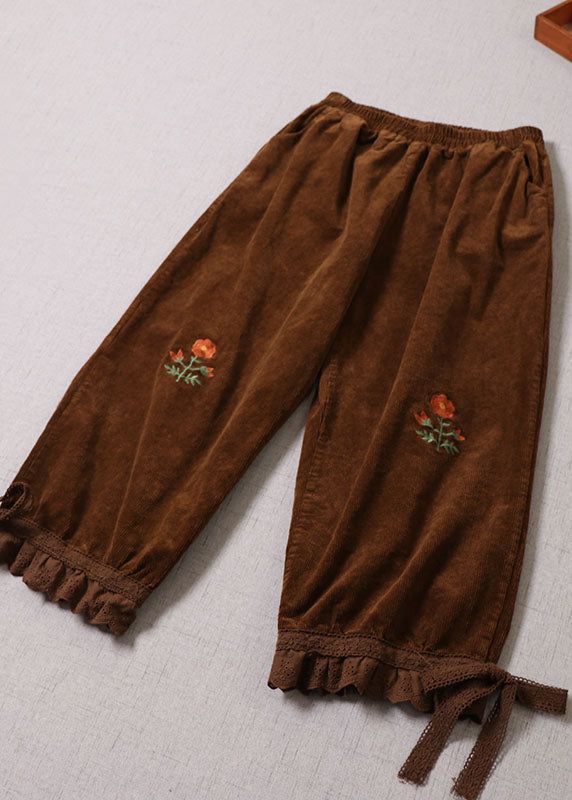 Handmade Chocolate Embroidered Lace Patchwork Corduroy Pants Winter