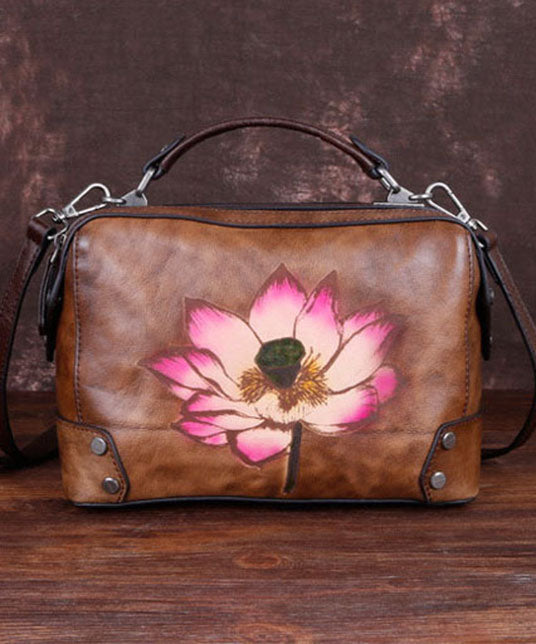 Handmade Chocolate Floral Paitings Calf Leather Satchel Handbag