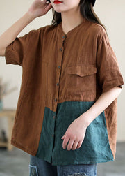 Handmade Chocolate Green Asymmetrical Patchwork Linen Shirt Tops Short Sleeve
