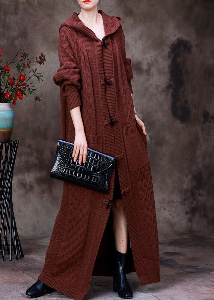 Handmade Chocolate Hooded Pockets Horn Buckle Cable Knit Coat Long Sleeve