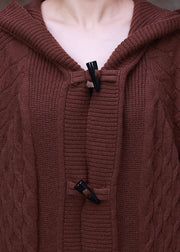 Handmade Chocolate Hooded Pockets Horn Buckle Cable Knit Coat Long Sleeve