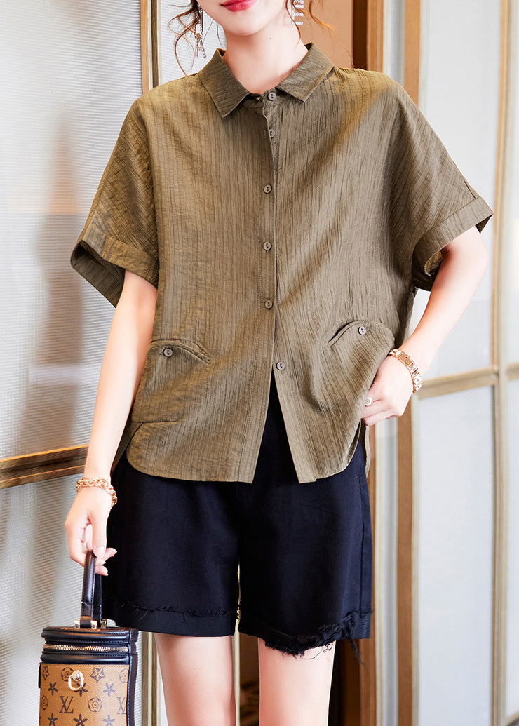 Handmade Coffee Peter Pan Collar Patchwork Cozy Silk Shirts Short Sleeve
