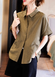 Handmade Coffee Peter Pan Collar Patchwork Cozy Silk Shirts Short Sleeve