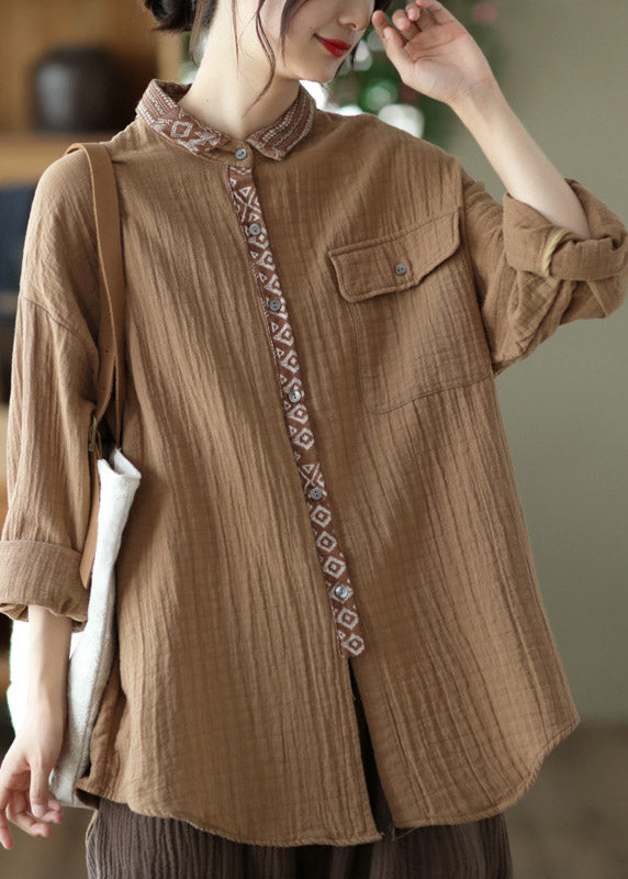 Handmade Chocolate Peter Pan Collar Print Patchwork Shirt Long Sleeve