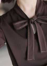Handmade Chocolate Stand Collar Embroidered Ribbon Chiffon Shirts Long Sleeve
