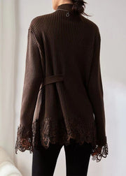 Handmade Coffee Turtleneck Lace Patchwork Cotton Knit Sweater Long Sleeve