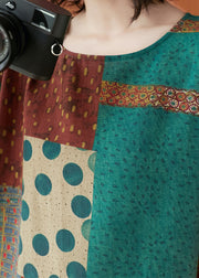 Handgemachte Colorblock O-Neck Print Baumwollkleider mit kurzen Ärmeln
