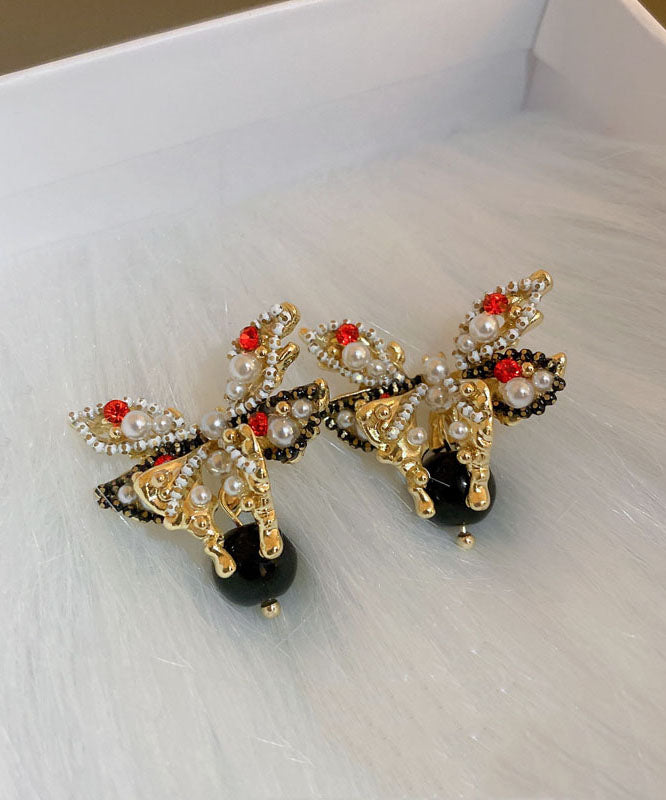 Handmade Copper Zircon Pearl Butterfly Stud Earrings