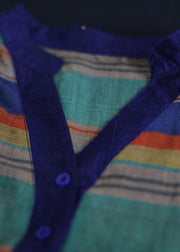 Handmade Cotton Striped Tops Fitted Retro Half Sleeve V Neck Blouse - SooLinen